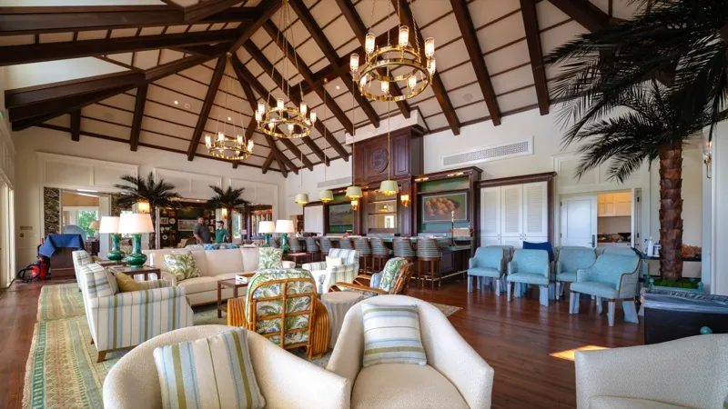 Card Sound Clubhouse lounge with chandeliers and seating groups