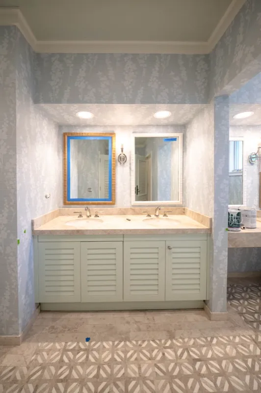 Card Sound Clubhouse bathroom vanity with textured wallcovering, installed by Wallcovering Pro