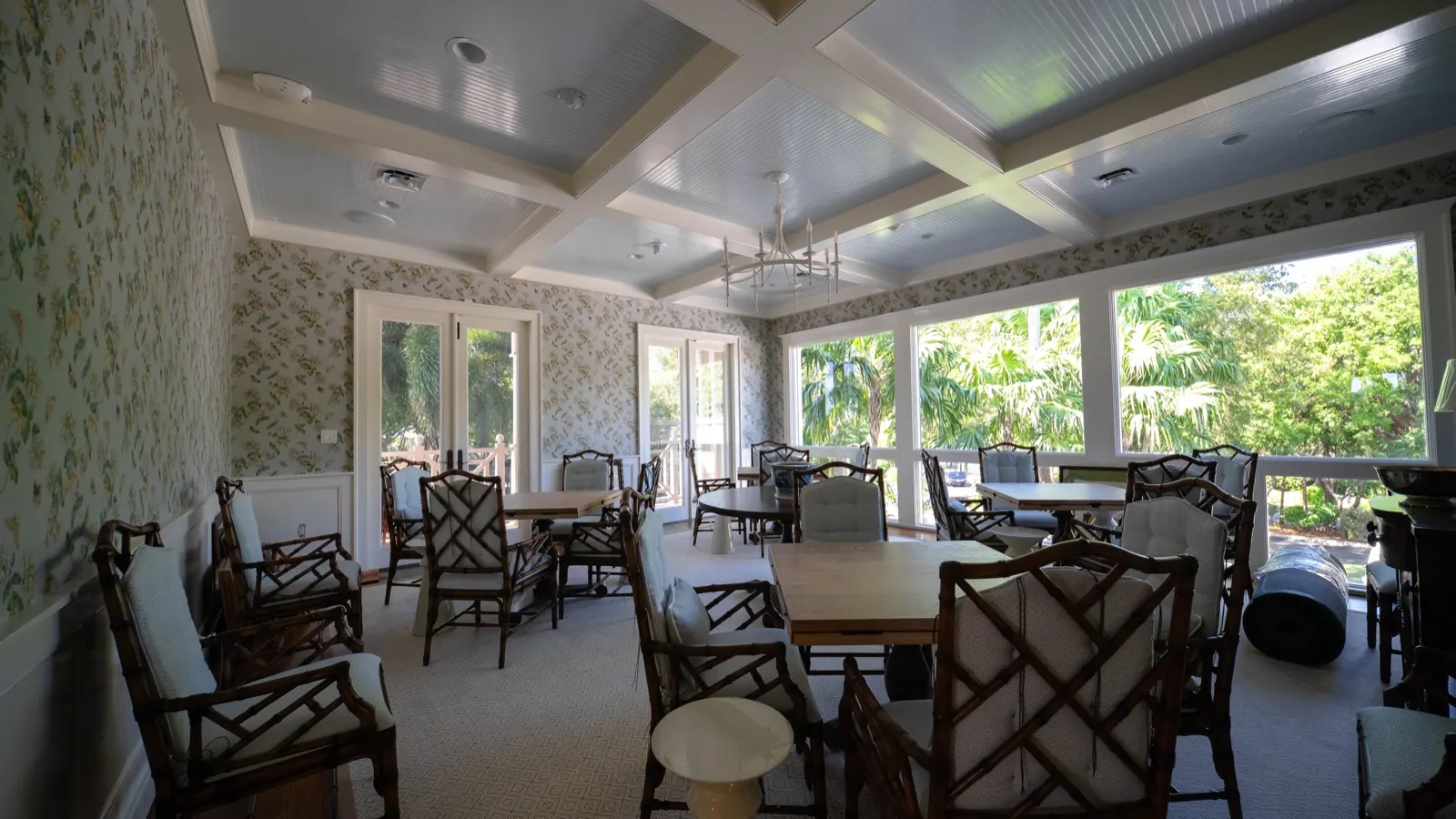 Card Sound Clubhouse sunroom with floral wallpaper, installed by Wallcovering Pro