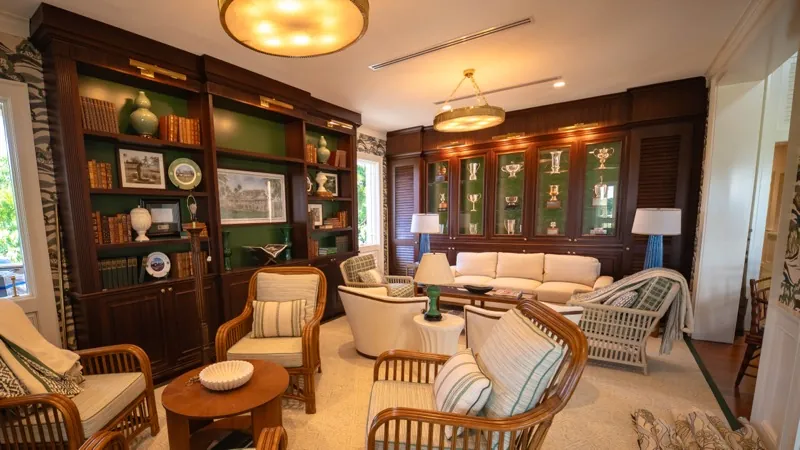 Card Sound Clubhouse library lounge with built-in bookcases
