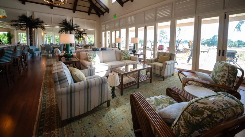 Card Sound Clubhouse grand lounge, wide view with palms