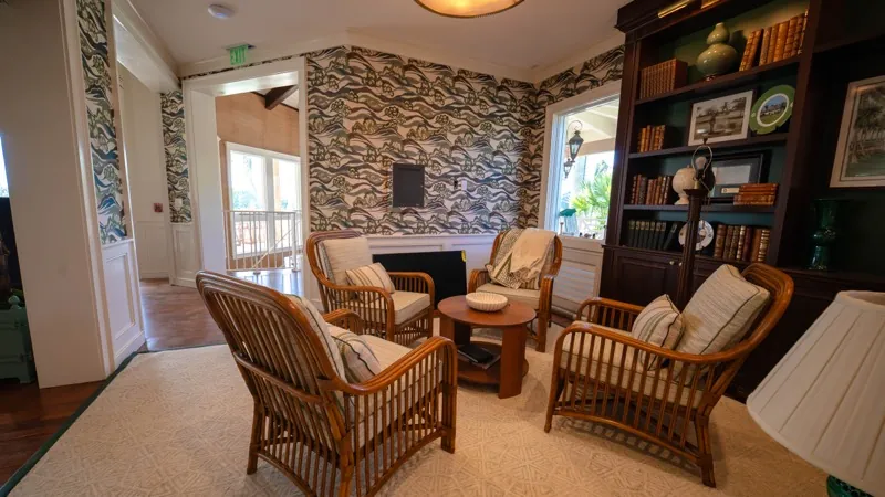 Card Sound Clubhouse sitting room with textured stone-look wallcovering, installed by Wallcovering Pro