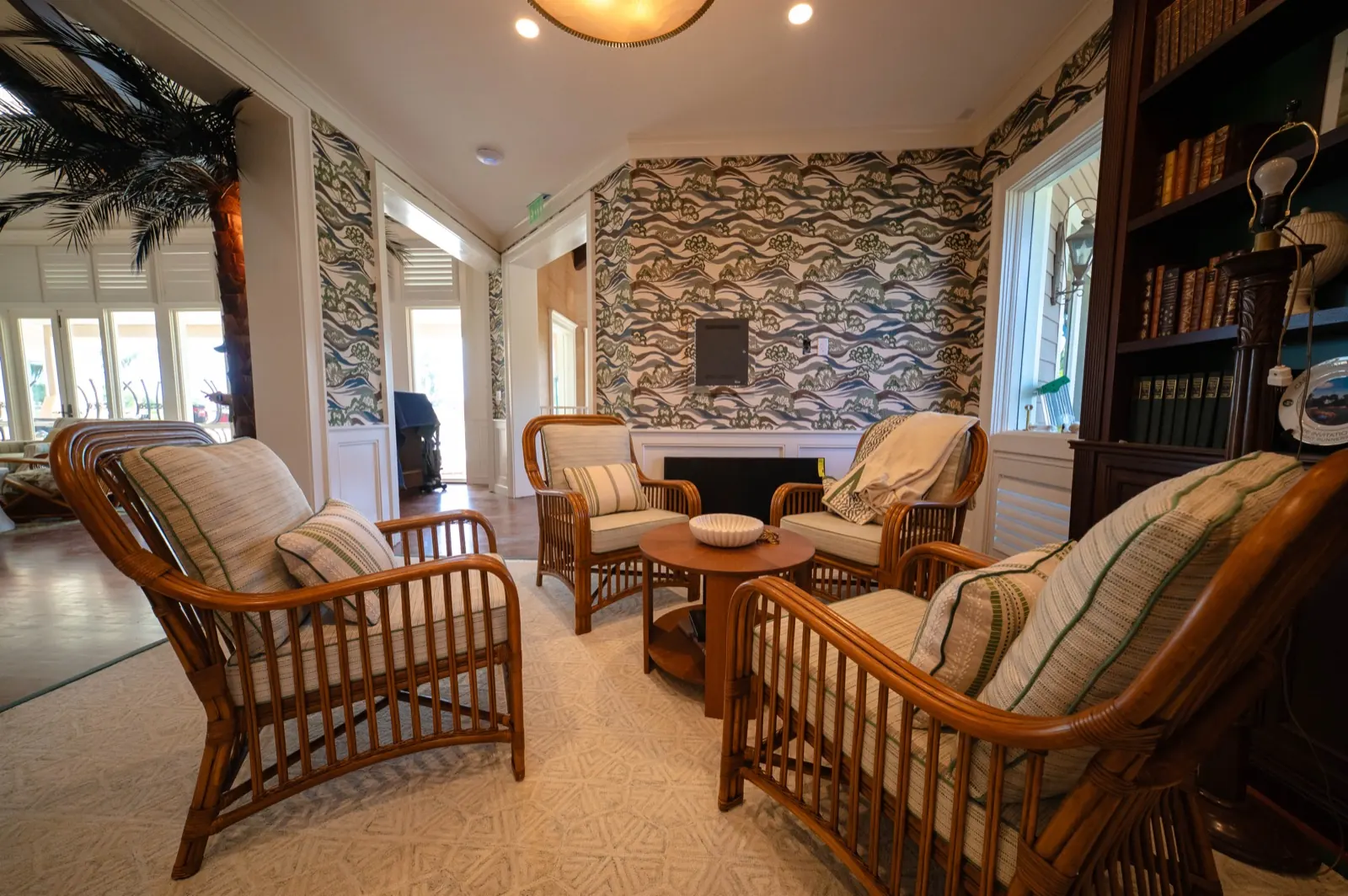 Card Sound Clubhouse sitting room with textured stone-look wallcovering, installed by Wallcovering Pro
