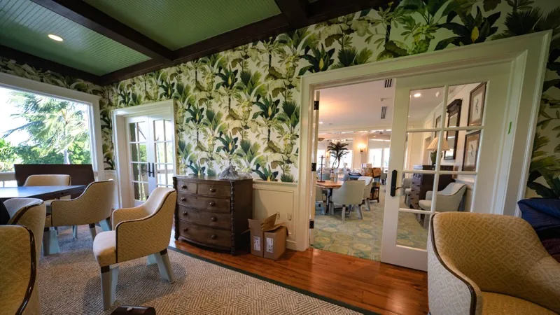 Card Sound Clubhouse sitting room with botanical mural wallcovering, installed by Wallcovering Pro