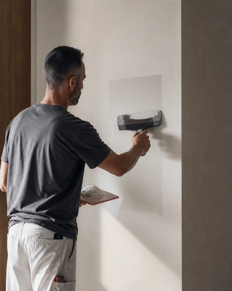 Drywall repair being skimmed flat with a broad finishing knife