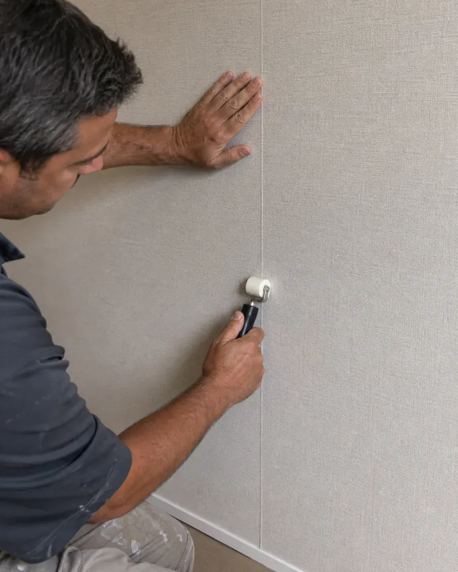 Close detail of a textured wallcovering seam being finished with a seam roller
