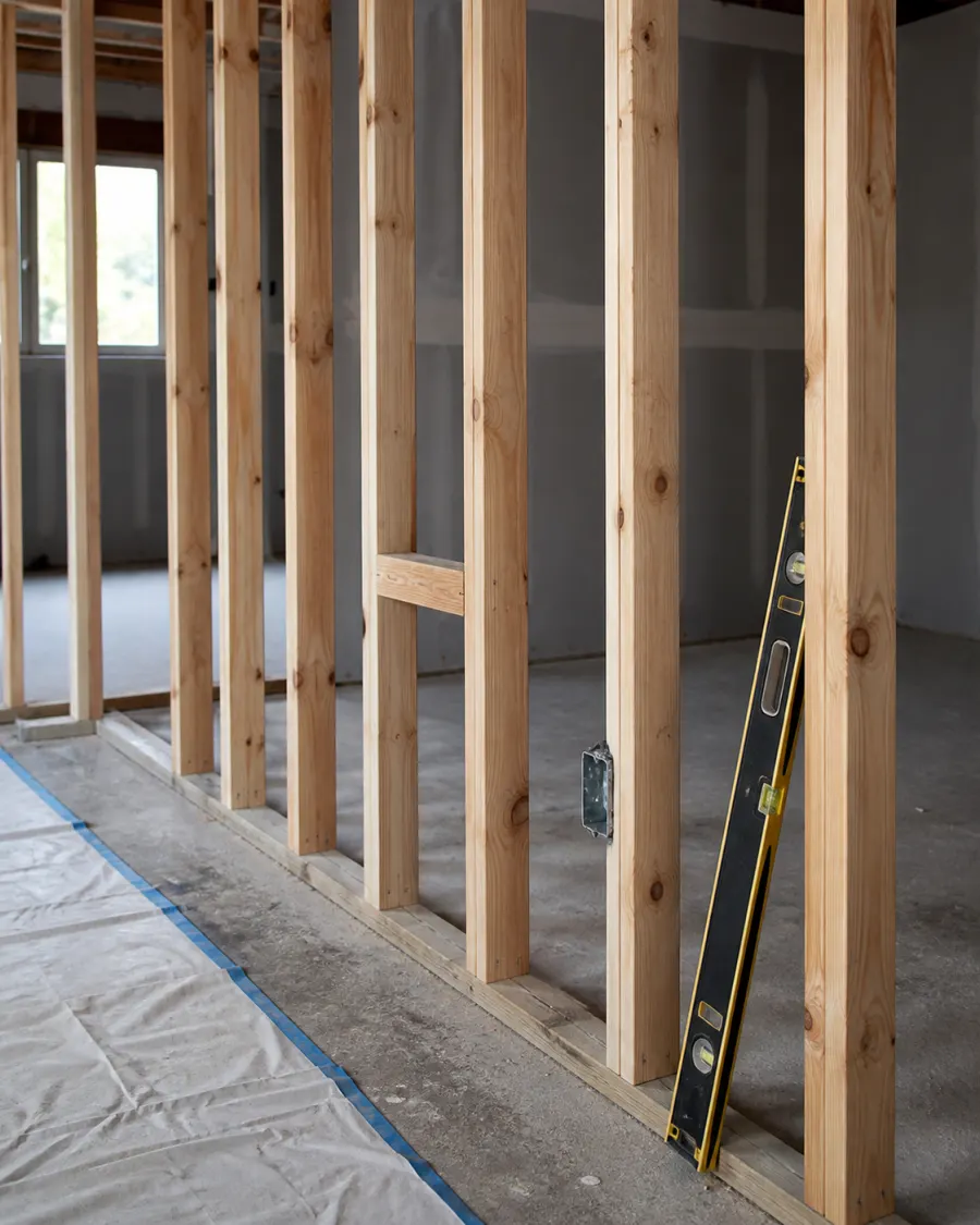 Interior partition framing under construction with a spirit level and electrical box