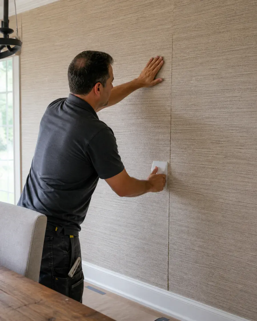 Wallcovering installer aligning grasscloth panels with a brass smoothing tool